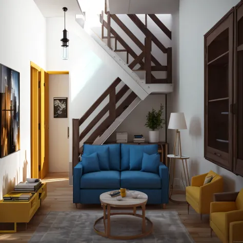 yellow and blue sofa, stairs, window, doors, table, painting on the wall, furniture concept photo!!, living room with two levels, very realistic 3D rendering, in 3D rendering style, with 3d rendering, with 3d rendering, 3d render, rendered in Enscape, stun...