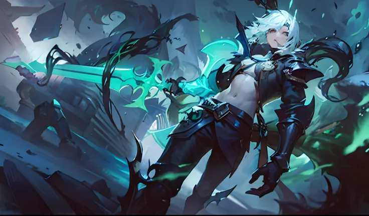 A man with a sword and a green light in his hand, amazing portrait of viego, splash art, 《league of legend》Foyego, 由杨J, league of legends character, league of legends arcane, torn apart, league of legends concept art, league of legends character art, chaos...