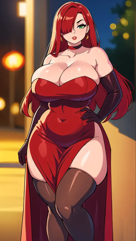 CARTOON_jessica_rabbit_aiwaifu,aiwaifu,
hair over one eye,red hair,narrow waist,very long hair, big hair, tall female, toned,makeup,lipstick,large breasts,eyeshadow,green eyes,thighs,huge breasts,red lips,lips,curvy,thick thighs,wide hips,collarbone,long l...