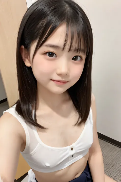 Japanese,Beautiful girl at 6 years old:1.85,Baby Face:1.85、Ultra-flat chest:1.85、Ultra short height、Innocent face,cute,Primary school students,Private elementary school,White tank top,Summer clothes,Lean over and look into:1.85、clavicle