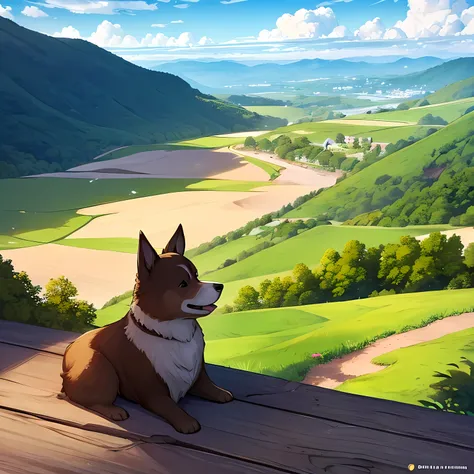 [Core Concept] A Corgi dog casting a large, imposing shadow over the hilly landscape in the foreground, with a small, quaint village visible in the distance on the horizon.

[Character Description] The Corgi, a breed known for its stocky build and pointed ...