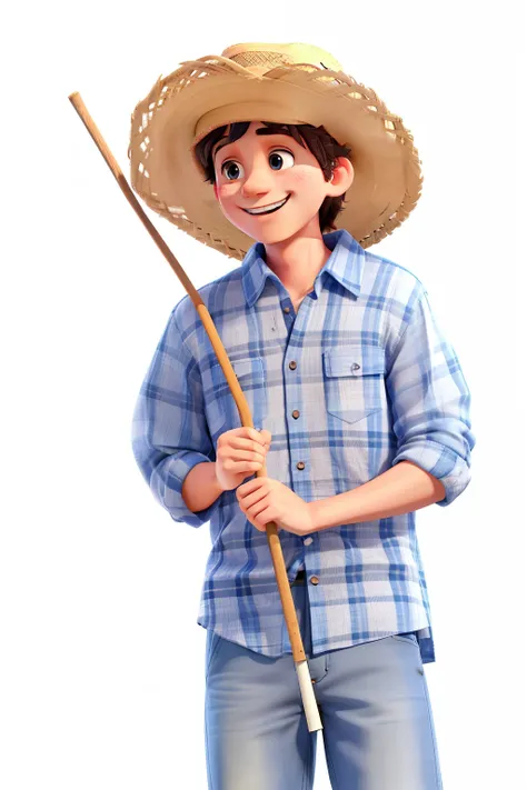 country boy with straw hat with a happy face, dark blue plaid shirt