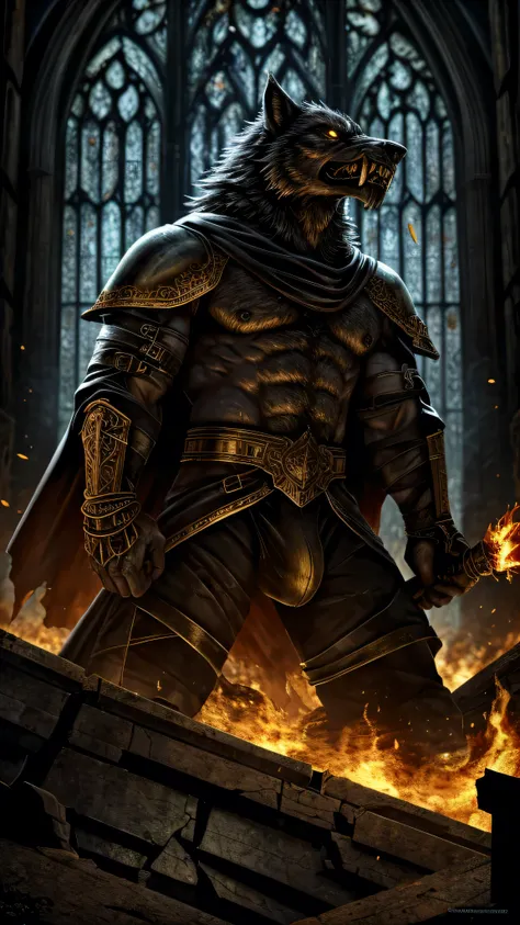 (One Muscular male bara furry wolf, grey fur, dilf, bulge) clothing=(medieval mercenary attire, Gold fangs, gold metal bracers+gold ornaments+black greaves+Yellow eyes+Dark old wrinkled maroon cape), Place=(Old Rome, Midnight, dramatic, lighting in his fac...