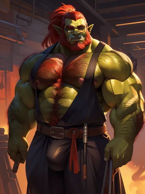 indong, lucusold, lanxus, a man with a muscle, (green skinned anthro orc:1.2), orc wearing ((a full classy black kimono with mechanic tools attached on the belt:1.3)), holding a hammer, ((redhead with a high ponytail):1.2), bulge, mechanic in a garage, ((m...