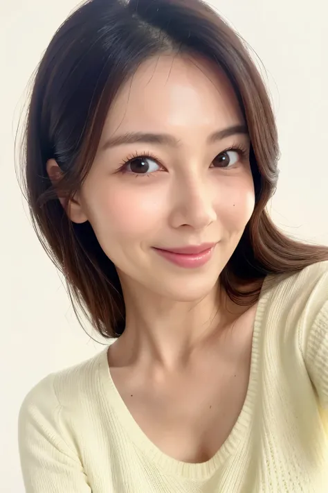 (Highest quality、Tabletop、8k、Best image quality、Award-winning works)、(40-year-old woman:1.1)、(Selfie:1.2)、Large Breasts、Filled with maternal love、The most elegant and graceful woman、kind、smile、(Very elegant long sleeve V-neck knit sweater:1.2)、(No makeup:1...