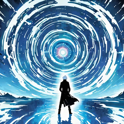 (Masterpiece), (Best Quality), illustration, Fictional world, Dungeonpunk, portal, ((anime styling))
Boy with white hair ( Similar to Satoru Gojo ) dark shaped eyes, Black clothing with white details, standing backwards, approaching the portal that is just...