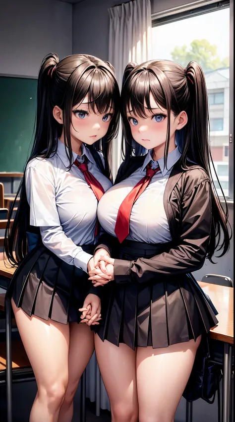 Two teenage girls,Angry expression,Equal height,In the classroom,Black and blonde hair,Face to face, staring at each other,Embrace each other,The two objects are close to each other,kiss、Photo of the two of them、Holding hands and facing each other、向かい合うPho...