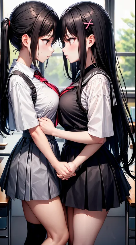 Two teenage girls,Angry expression,Equal height,In the classroom,Black and blonde hair,Face to face, staring at each other,Embrace each other,The two objects are close to each other,kiss、Photo of the two of them、Holding hands and facing each other、向かい合うPho...