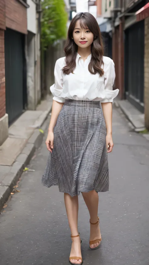 One Japanese woman、30 years old、(Full body photo:1.4)、Walking towards here、Wearing a white blouse、(((Brown checkered long skirt)))、Strap Pin Heel、、background:Alley、Detailed eyes、Accurate line of sight、first-person view, uhd, anatomically correct, super det...