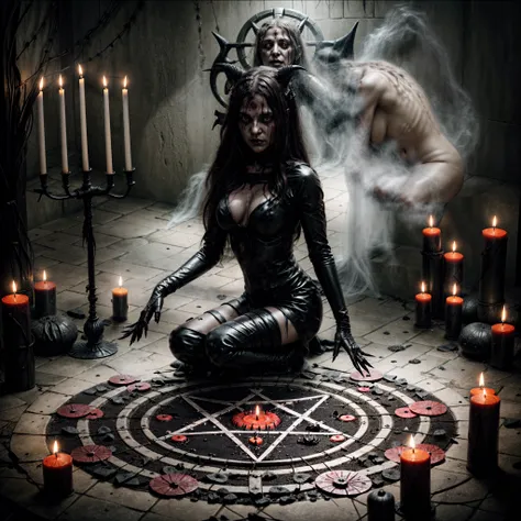 Witch sitting in a circle of candles with a demon face., scary horrible satanic rituals, goddess hecate, demonic magic ritual, satanism, satanic ritual, hecate, The witch&#39;s spell, Greek Dark Ritual Myth, Ritual occult meeting, Hidden ritual, home wicca...