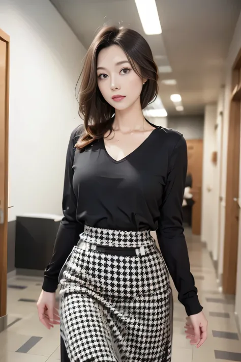 (((black and white houndstooth long skirt:1.4)))、one japanese woman、30 years old、(a photo showing you from the waist to the head...