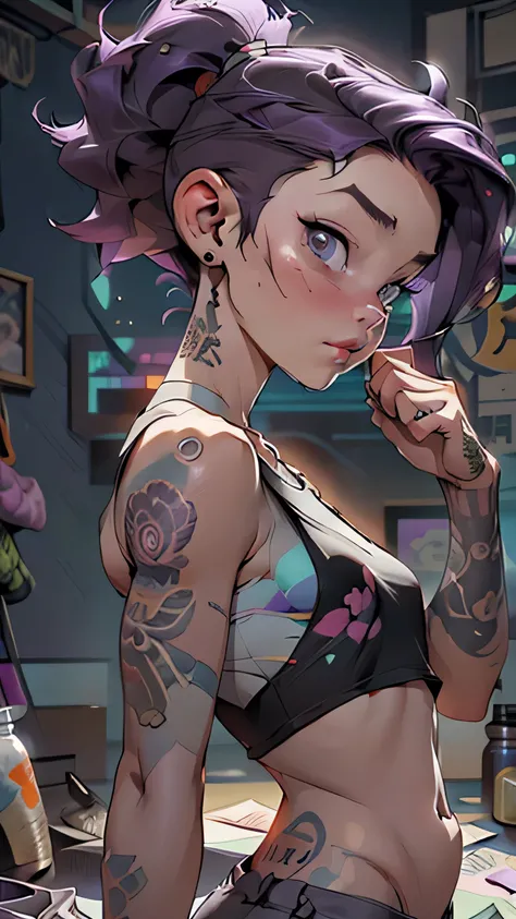 A hot thic young Pixar woman laying on her stomach looking back in pain as she gets a tattoo done in a tattoo shop, intricate designs, Smokey room, covered in tattoos
(nsfw:0.55), ((flat chested, flat stomach, baby face)), (intense colors), undercut purple...