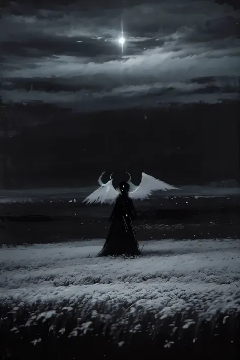 Create an image in dark, moody colors, depicting a distant figure in white with long white wings in a field among flowers. The background should be dark and atmospheric, with low clouds and dim lighting. Pay attention to the details of the wings and overal...