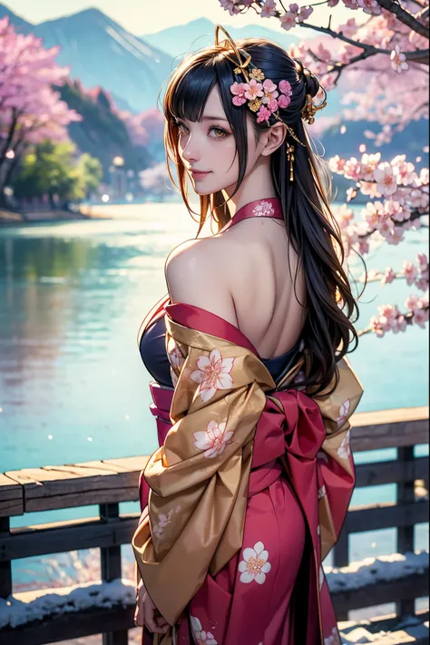 masterpiece, Highest quality, detailed, (One girl), alone, detailed golden eyes, Long Hair, Are standing, Close to the audience, (detailed kimono,Fusion with punk rock), A light smile, Medium chest, (Put your arms behind your back), water, sunrise, Halo, ...