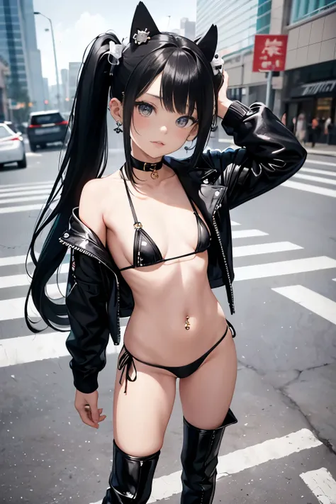 8yo, , solo, long haired, twintail hair, black hair, flat chest, (micro bikini), sailor senshi,  black long boots, leather jacket, ,, meny pierced earrings, navel piercing, thin legs, standing, exhibition, city , flom above, best quality,