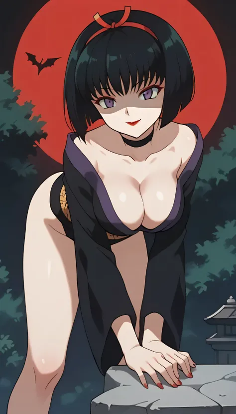 score_9, score_8_superior, score_7_superior, sauce_anime, Highest quality, masterpiece, evaluation_Explicit, No correction, break, SAKASAGAMINOYURA, One girl, Large Breasts, Cleavage, Black Hair, hair band, Bob_cut, Purple eyes, choker, No sleeve, Short ki...