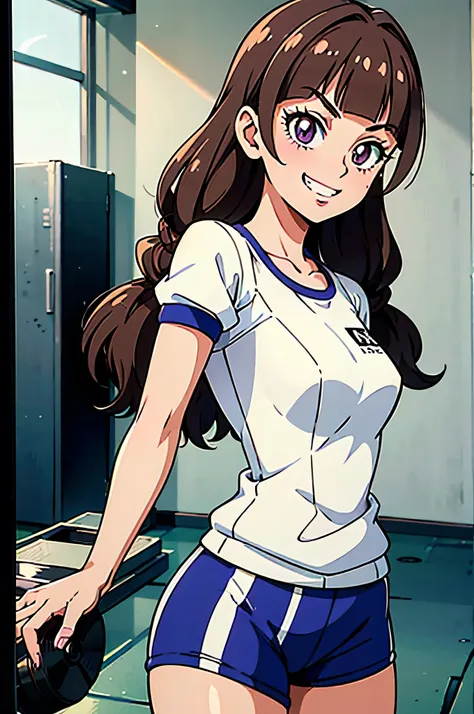 1 girl, (solo), ((amanogawaki)), best quality, highres, high quality, 8k, HD, super detail, anatomically correct, UHD, accurate, (masterpiece:1.0), (high quality:1.0), (ultra detailed), ((Adult:1.2)), Looking at viewer, (smug grin), wearing gym_outfit, ins...