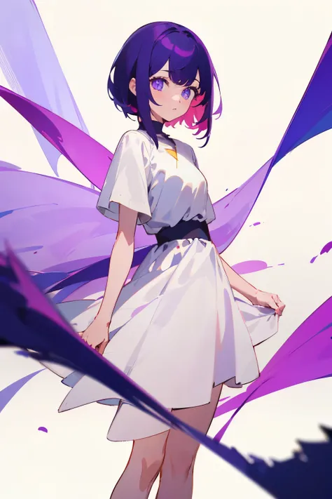 Girl with short purple hair in a white dress, simple background, Ultra-high image quality, 8K purple edge