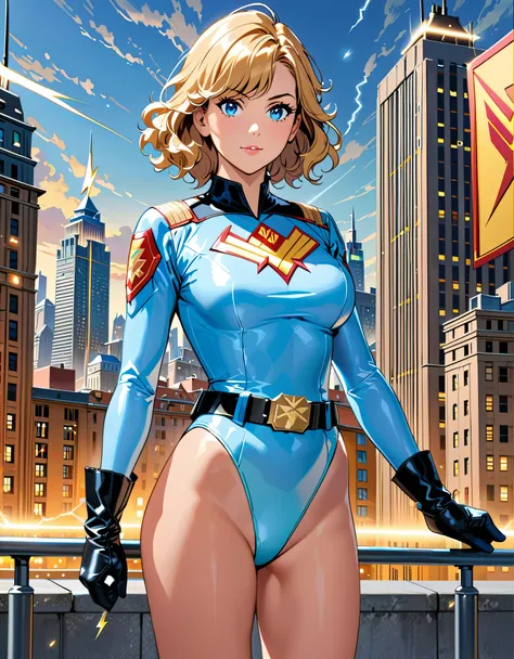 masterpiece, best quality, hires, 1girl, medium breasts, ((leotard, light blue leotard)), long sleeves, ((lighting bolt (emblem) on chest)), (bare legs), ((fastened tight belt)), black boots, matching boots, blue gloves, city backdrop, solo, single, standi...