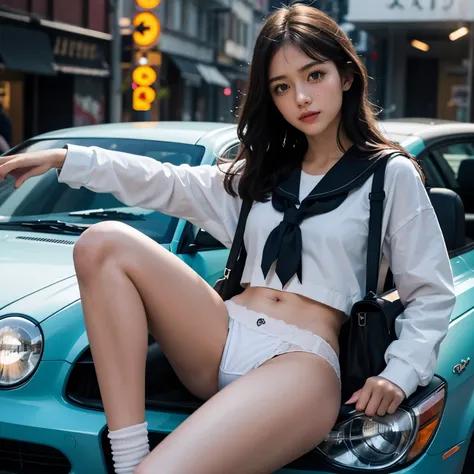 sfw, (closeup from crotch to face) extremelydetailed (schoolgirl lean against the car) spread knees up, perfect face, (tiny crow...