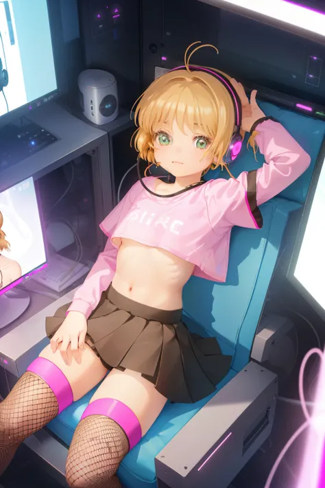 (ultra realistic, girl, short hair, headphones, sitting, slumped in an armchair, in a futuristic cabin, surrounded by monitors, and olographic screens , view from above, pink lights, flat chest, pre-adolescent. She looks with smug , shirt underboobs , mini...