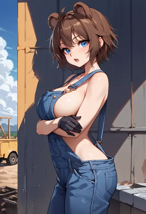 score_9_up, score_8_up, score_7_up, 1girl, solo, source_anime, hourglass figure, Big breasts, kemonomimi, bear ears, brown hair, short hair, messy_hair, blue eyes BREAK freckles, naked overalls, blue overalls, black gloves, , outdoors, blue sky, constructi...