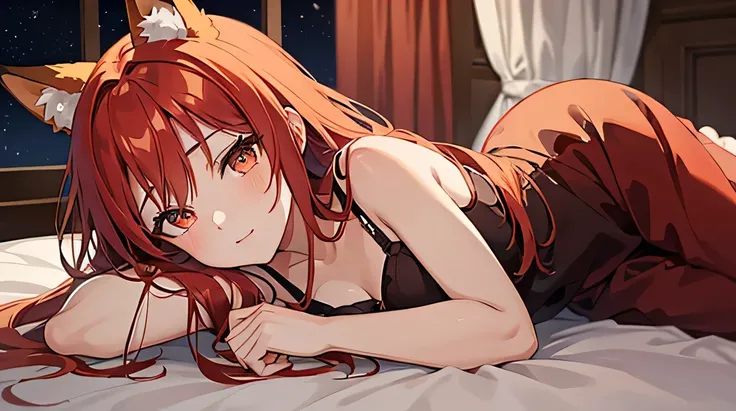 anime closeup of a fox girl with red hair looking at the camera with a soft innocent expression lying on the bed. it is night and she is reaching out to the spectator, comforting them after a nightmare