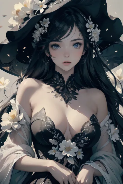 (((Masterpiece, top quality))), (((32K wallpaper))), ultra high resolution, Woman covered with flowers all over, (((A woman whose flowers bloom from her whole body))), Filled with a large number of flowers, (((Black and white only))), small breasts, Bright...