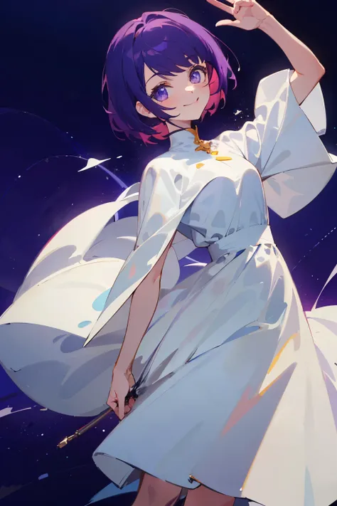 Girl with short purple hair in a white dress, simple background, Ultra-high image quality, 8K Purple Space Background, smiling a little, looking not at the camera but to the right