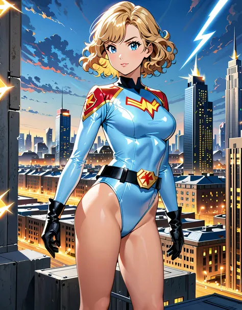 masterpiece, best quality, hires, 1girl, medium breasts, ((leotard, light blue leotard)), long sleeves, ((lighting bolt (emblem) on chest)), (bare legs), ((fastened tight belt)), black boots, matching boots, black gloves, city backdrop, solo, single, stand...