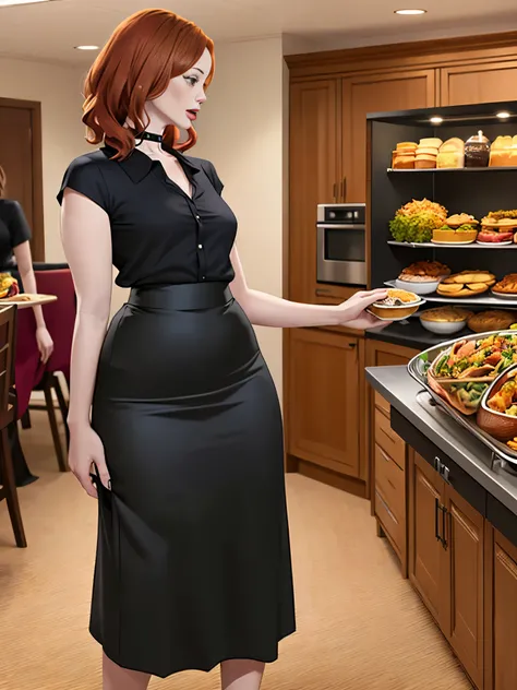 Christina Hendricks, (Christina Hendricks:1.5), masterpiece quality, (masterpiece quality:1.3), detailed, realistic, (realistic:1.3), 1girl, solo, (solo:1.9), alone, at a buffet restaurant, food in background, Thanksgiving day feast, food on shelves in bac...