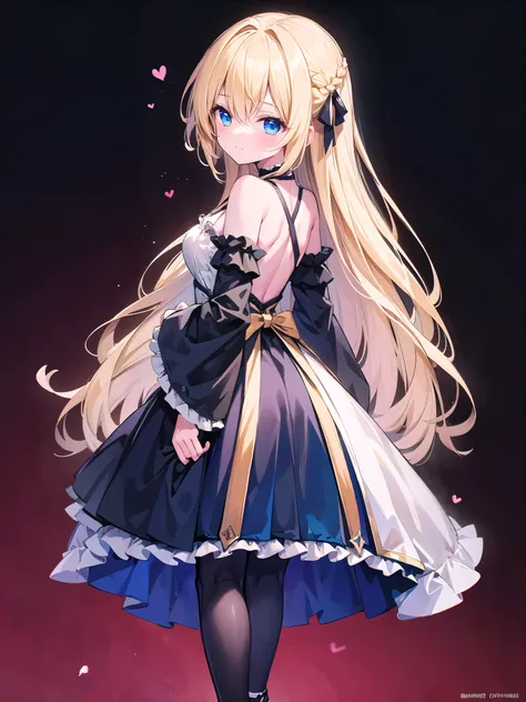 ultra detailed, masterpiece, best quality, solo, soft smile, light smile, 
1girl, blue eyes, very long hair, blonde hair, long blonde hair, french braid, bangs, medium breasts,
hair ribbon, frilled choker, criss-cross halter, sleeveless dress, high-waist s...