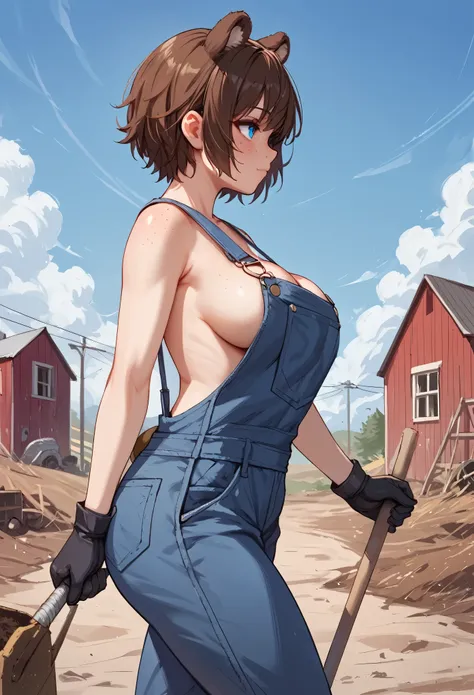 score_9_up, score_8_up, score_7_up, 1girl, solo, source_anime, hourglass figure, Big breasts, kemonomimi, bear ears, brown hair, short hair, messy_hair, blue eyes BREAK freckles, naked overalls, blue overalls, black gloves, cleavage, outdoors, blue sky, co...