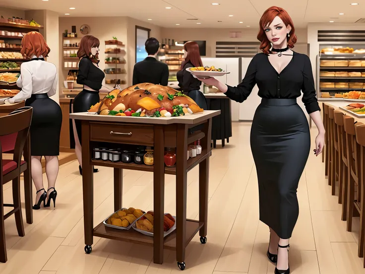 Christina Hendricks, (Christina Hendricks:1.5), masterpiece quality, (masterpiece quality:1.3), detailed, realistic, (realistic:1.3), 1girl, solo, (solo:1.9), alone, at a buffet restaurant, food in background, Thanksgiving day feast, food on shelves in bac...