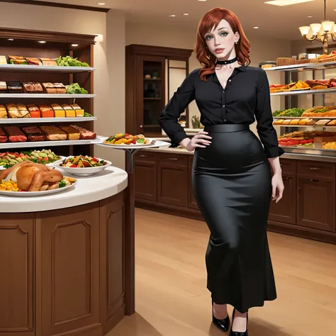 Christina Hendricks, (Christina Hendricks:1.5), masterpiece quality, (masterpiece quality:1.3), detailed, realistic, (realistic:1.3), 1girl, solo, (solo:1.9), alone, at a buffet restaurant, food in background, Thanksgiving day feast, food on shelves in bac...