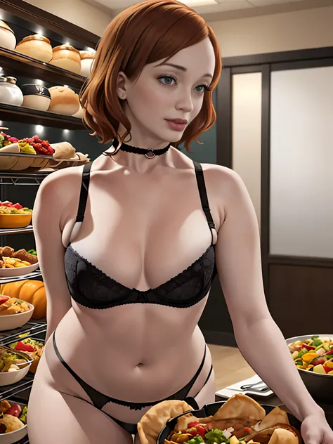 Christina Hendricks, (Christina Hendricks:1.5), masterpiece quality, (masterpiece quality:1.3), detailed, realistic, (realistic:1.3), 1girl, solo, (solo:1.9), alone, at a buffet restaurant, food in background, Thanksgiving day feast, food on shelves in bac...