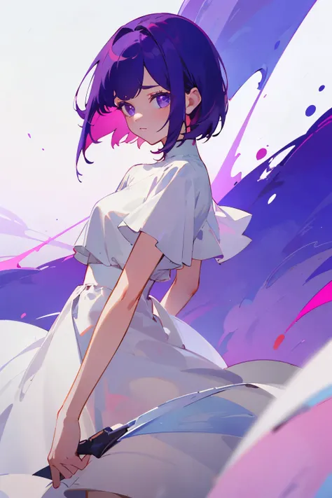 Girl with short purple hair in a white dress, beautiful advanced background in purple color, Ultra-high image quality