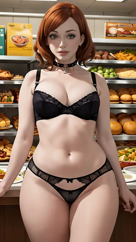 Christina Hendricks, (Christina Hendricks:1.5), masterpiece quality, (masterpiece quality:1.3), detailed, realistic, (realistic:1.3), 1girl, solo, (solo:1.9), alone, at a buffet restaurant, food in background, Thanksgiving day feast, food on shelves in bac...