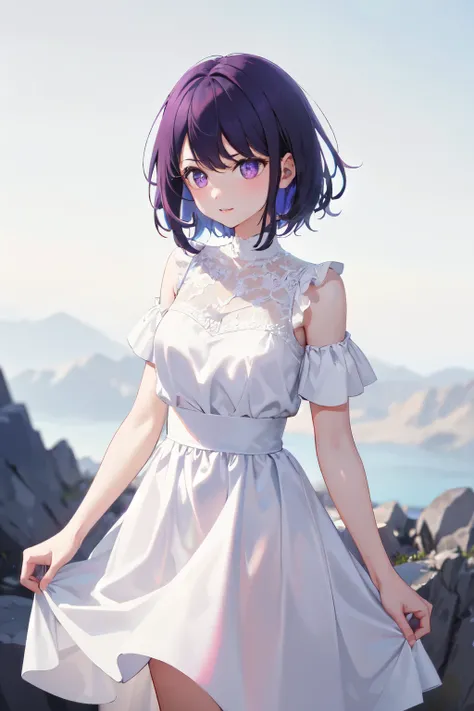 Girl with short purple hair in a white dress, beautiful advanced background in purple color, Ultra-high image quality