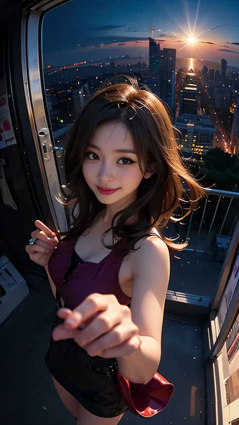 One girl, Korean, Fisheye Lens, Selfie, Wind, Messy Hair, sunset, Cityscape, (Aesthetics and atmosphere:1.2),smile