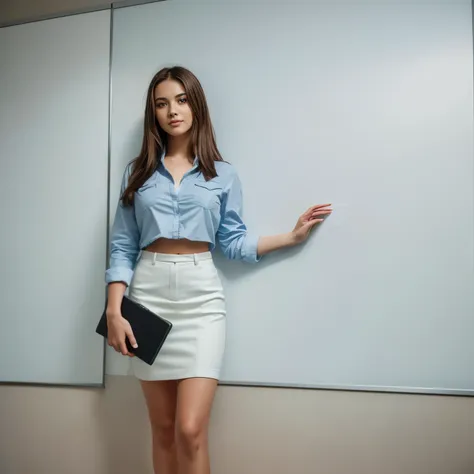 there is a woman holding a folder and a laptop in front of a whiteboard, young business woman, woman in business suit,, jeans an...