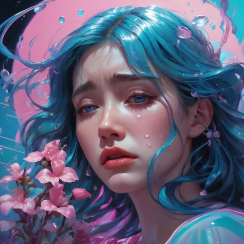 crying, Aesthetic, extremely detailed, crying eyes, Sweet, vaporwave Aesthetic, synthesized wave, Digital paint, art station, Conceptual art, seeds, sharp focus, illustration, Art by Artgerm and Greg Rutkowski and Alphonse Mucha