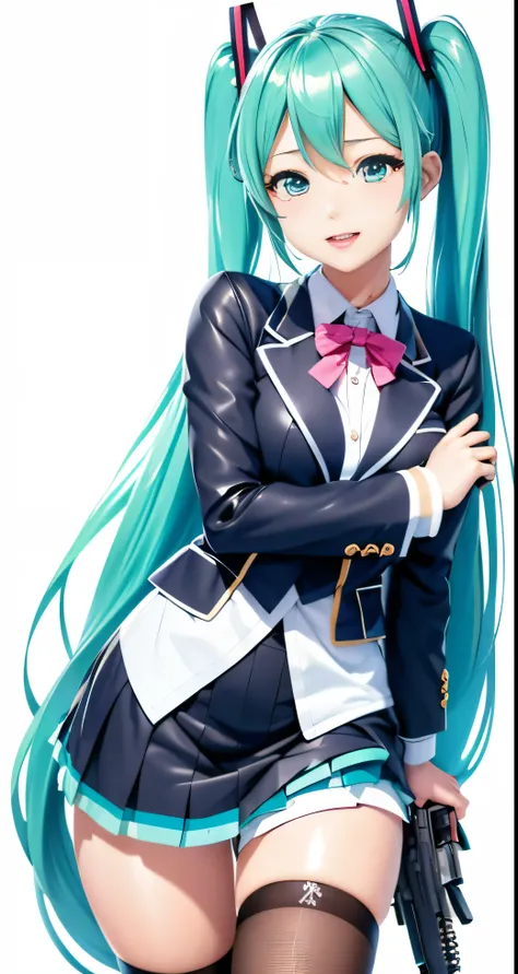 hatsune miku、Anime girl with long hair and a gun in her hand,Shimajima Pantiesがよく見える、hatsune miku、squat、Spread your legs、Showing panties,Ultra mini skirt、緑と白のShimajima Panties、From  to Kantai Collection style,Shimajima Panties、Ultra mini skirt、 Portrait An...