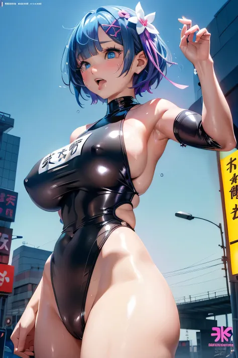 short hair, x Hair accessories, Hair Ribbon,Hair on one eye,(Colorful magazine cover:1.2),((From below:1.2))、(Showing off your crotch)、((Beautiful neon cyberpunk Tokyo))Striking a sexy pose、One cute girl, Highest quality、超High resolution、High resolution、Hi...