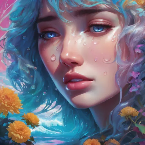 crying, Aesthetic, extremely detailed, crying eyes, Sweet, vaporwave Aesthetic, synthesized wave, Digital paint, art station, Conceptual art, seeds, sharp focus, illustration, Art by Artgerm and Greg Rutkowski and Alphonse Mucha