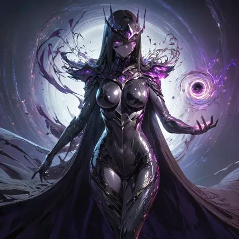 a female character in a sleek, dark, form-fitting bodysuit with a deep purple and black color scheme, glowing void patterns that...