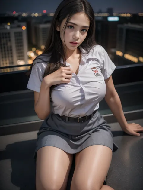 1girl, (uniform), sits with her legs pressed to her chest, detailed night view ofMetropolitan city at the background, detailed face, detailed eyes, brunette, big breasts, smooth realistic skin, semi-curvy body, white shirt, grey blue hot miniskirt , lookin...