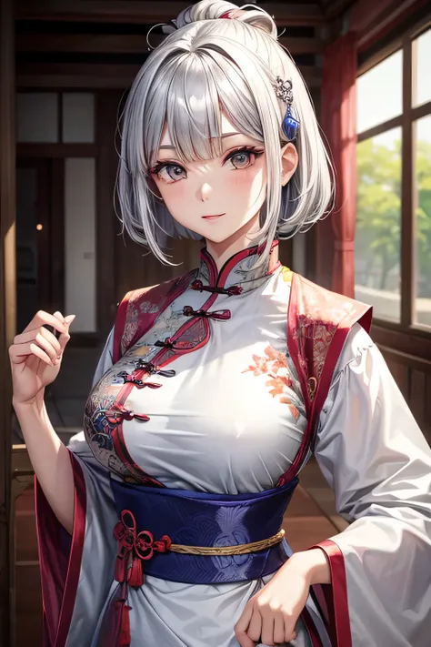 Woman, Chinese clothing, gray eyes, slightly large chest, bob hairstyle, silver hair color