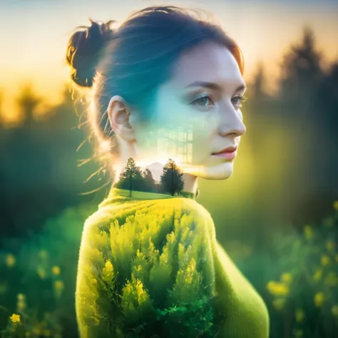 woman, Martin Dietrich style, Double Exposure Photography, Nikon 14-24mm f/2.8G and, Nature Photography, Soft Light 、Colorful images、