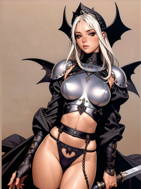 (best qualityer))), (((manga strokes))), woman black knight, (((black helmet))), metal panties, medieval albino girl, Barbed wire garter belt, breasts covered with a metallic chest protector shaped like bat wings, Curly white hair, chains wrapped around th...